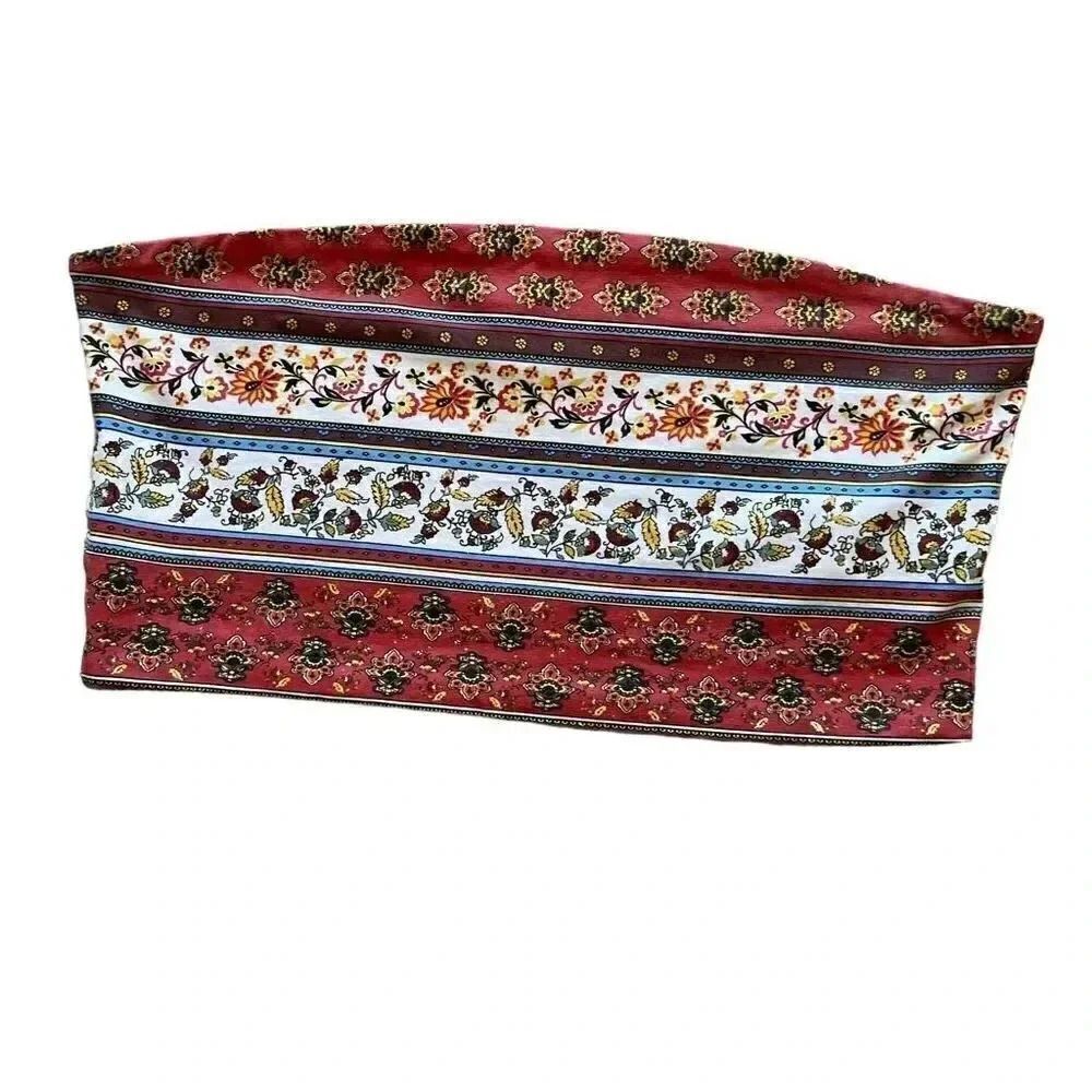 Forever 21 Bohemian Tube Cropped Multicolor Cotton Blend Floral Top SZ L #1550